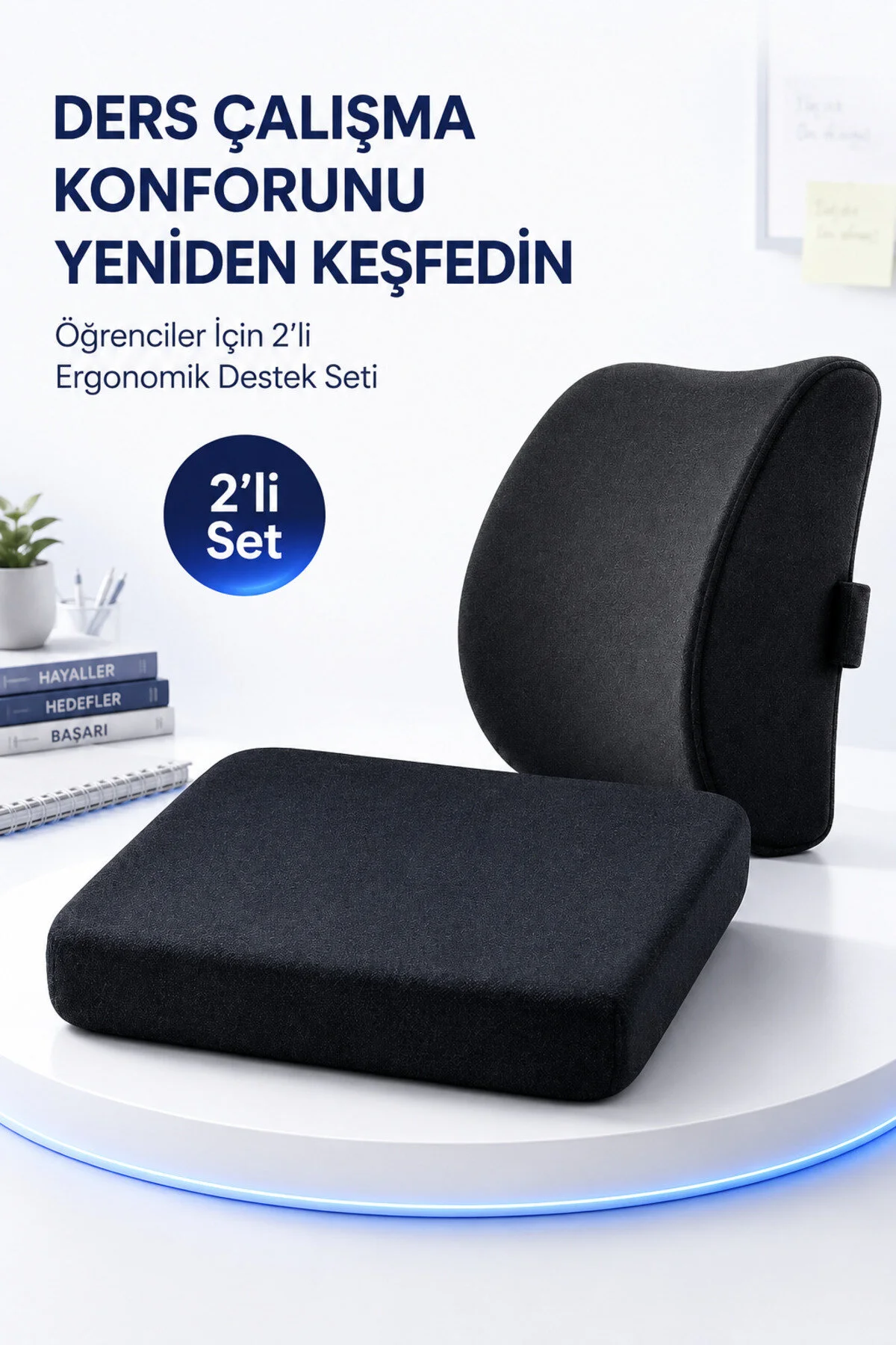 Öğrenciler İçin Ortopedik Oturma Minderi ve Sırt Bel Destek Minderi 2’li Çalışma Seti