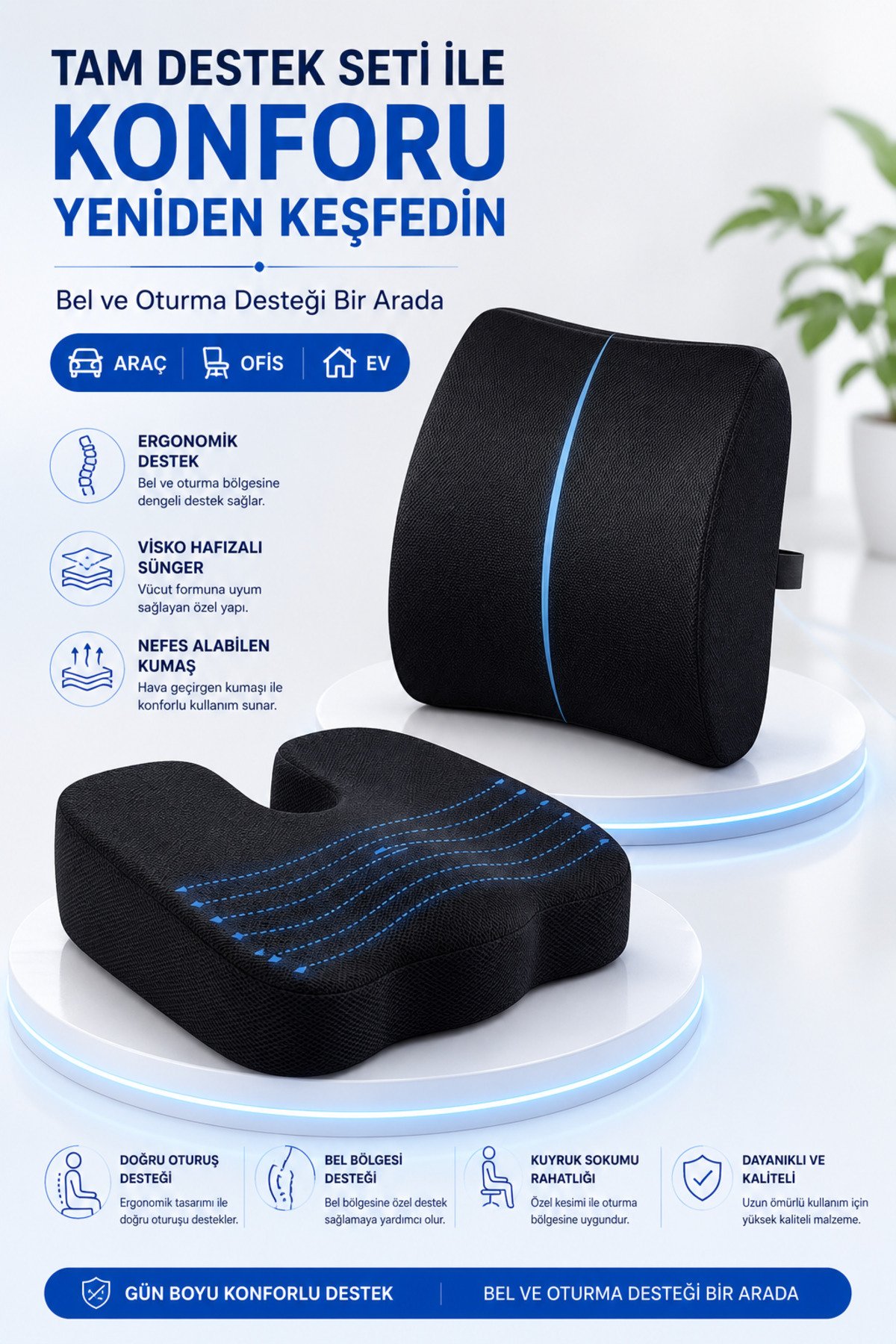 Visco Ortopedik Bel Destek Minderi ve Kuyruk Sokumu Oturma Minderi Seti | Araç, Ofis ve Ev Kullanımına Uygun Ergonomik Minder Takımı