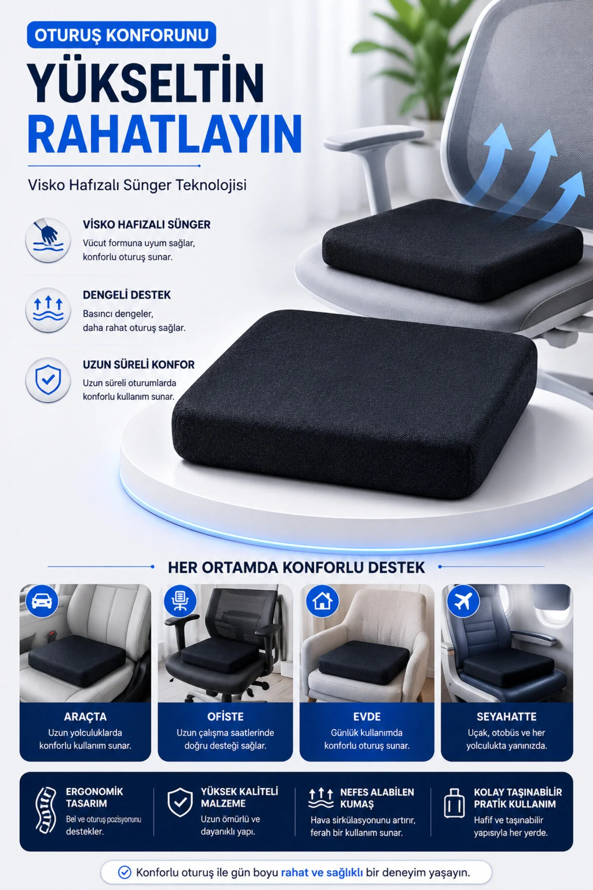 Visko Araç Ortopedik Oturma Minderi 44x44 cm – Hafızalı Sünger Kare Koltuk Minderi